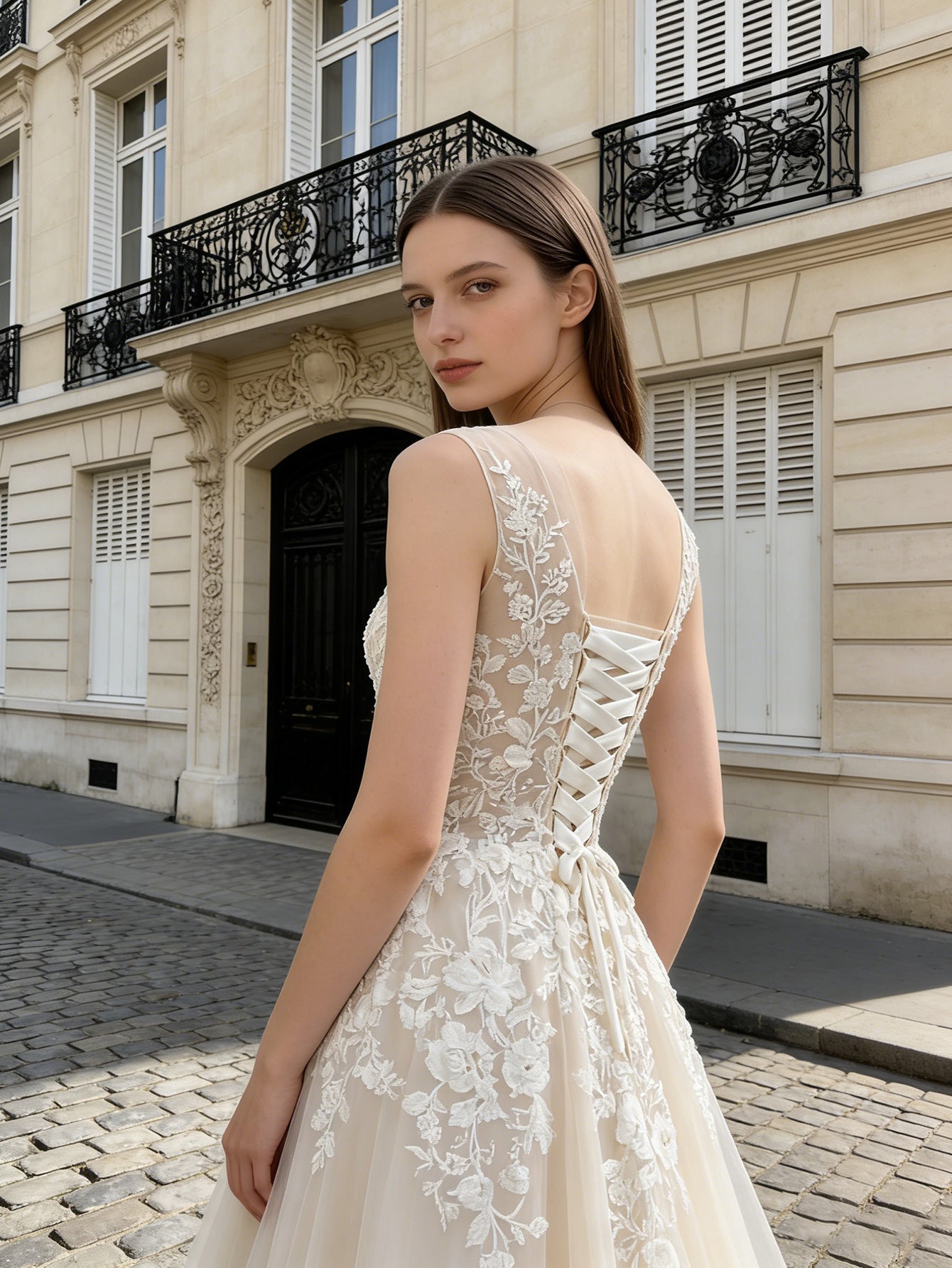 long sleeve lace A-line wedding dress with illusion neckline - image 5