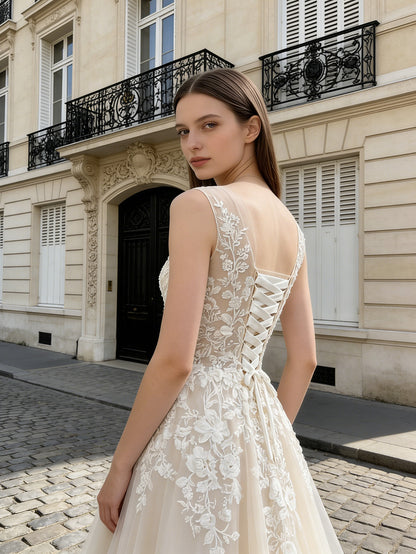long sleeve lace A-line wedding dress with illusion neckline - image 5