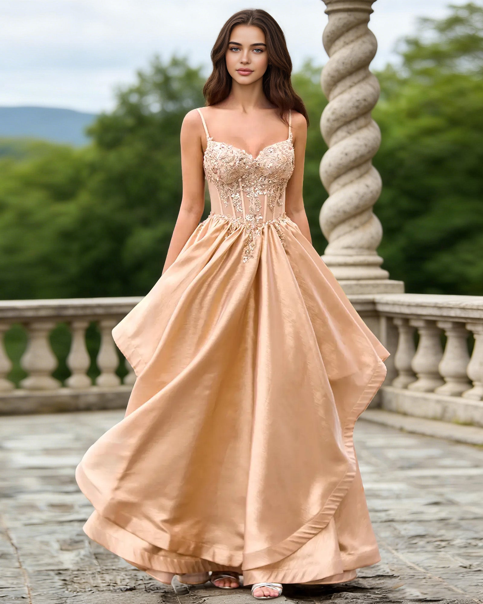 champagne sweetheart glitter tulle A-line prom dress with layered dress - image 5