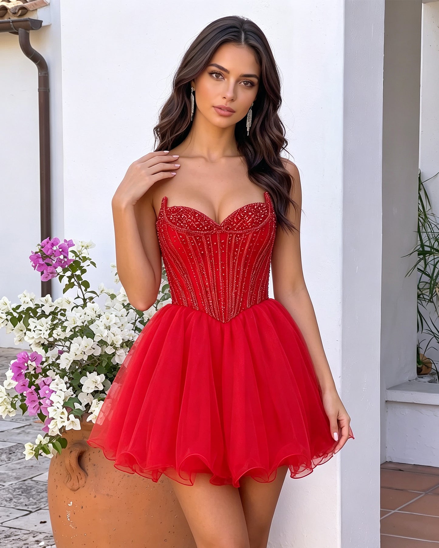 Strapless Sweetheart Beaded Corset Tulle A-Line Mini Homecoming Dress - bodice detail view