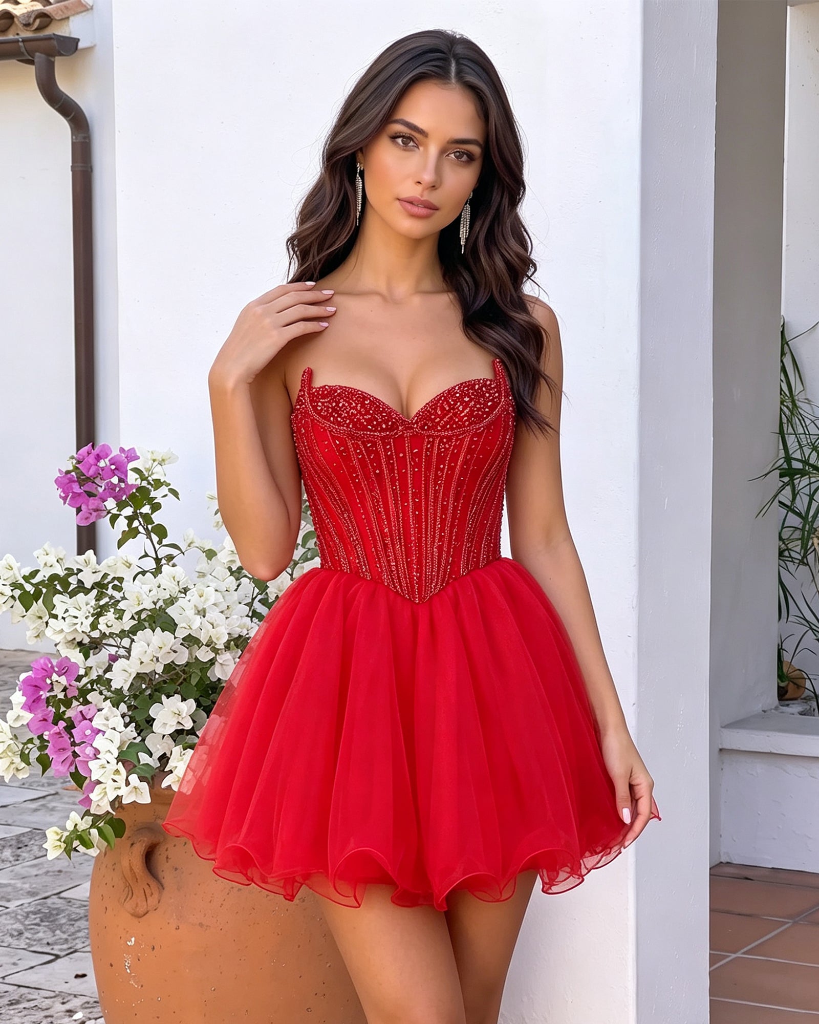 Strapless Sweetheart Beaded Corset Tulle A-Line Mini Homecoming Dress - bodice detail view