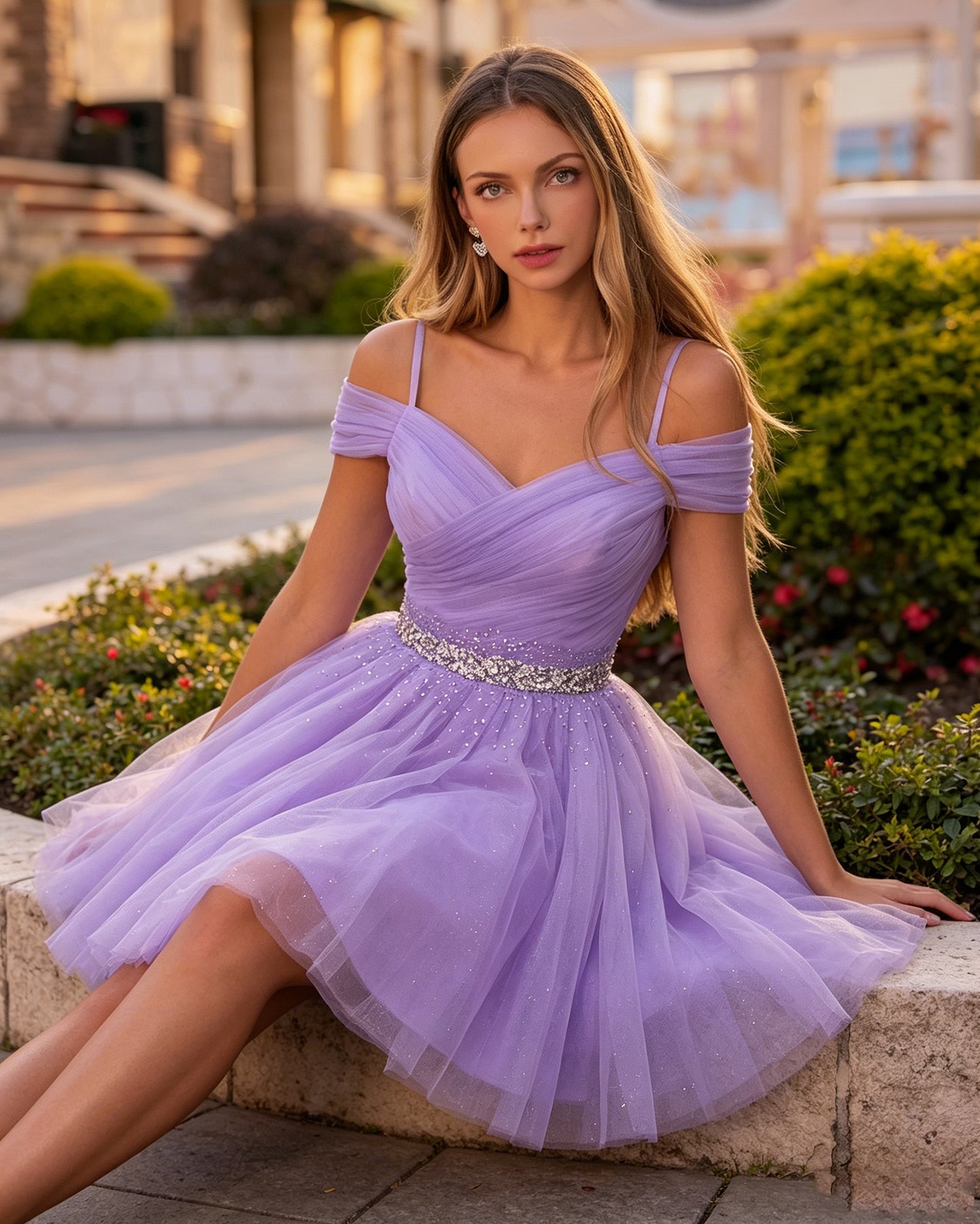 lavender off-shoulder V-neck tulle short homecoming dress with beaded waist - image 5