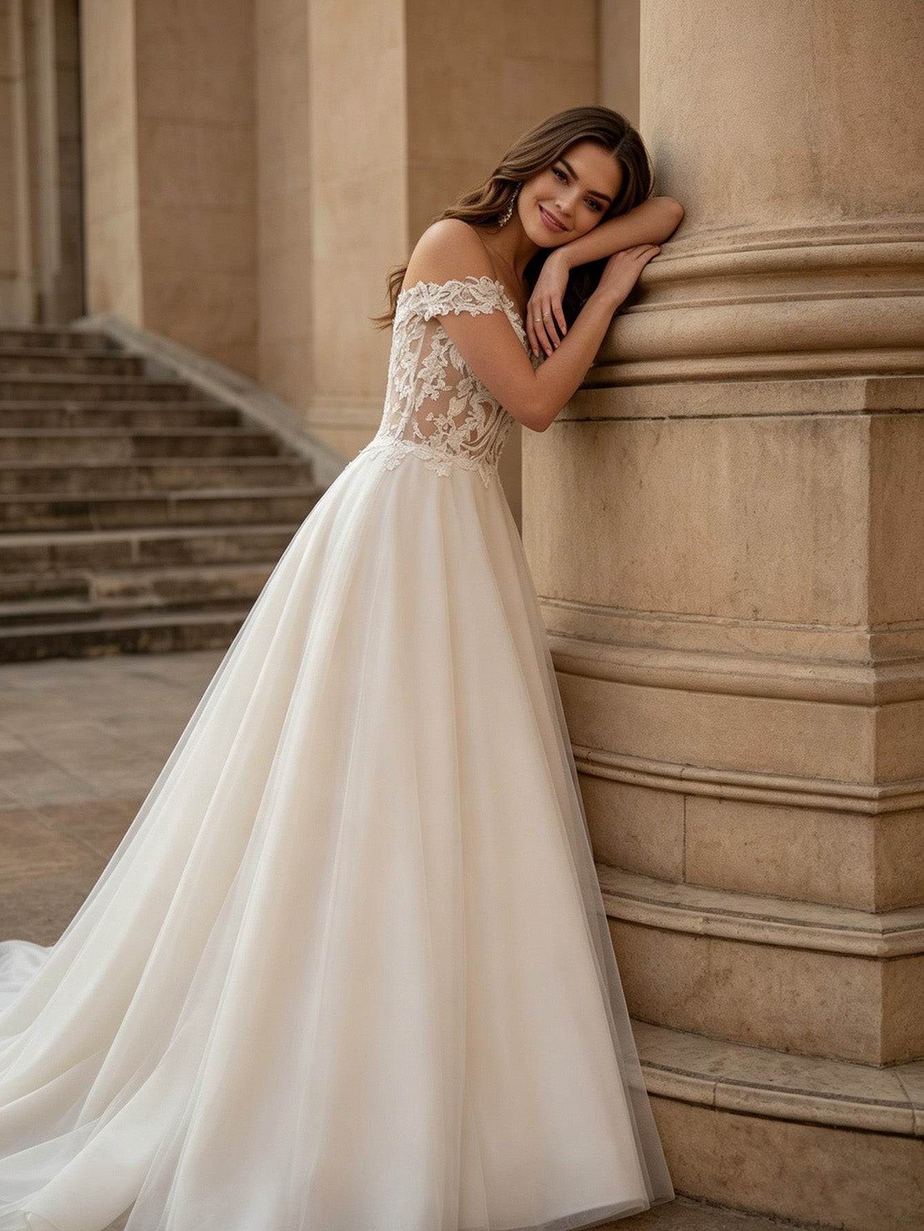 off shoulder lace A-line wedding dress with illusion bodice and train - image 5
