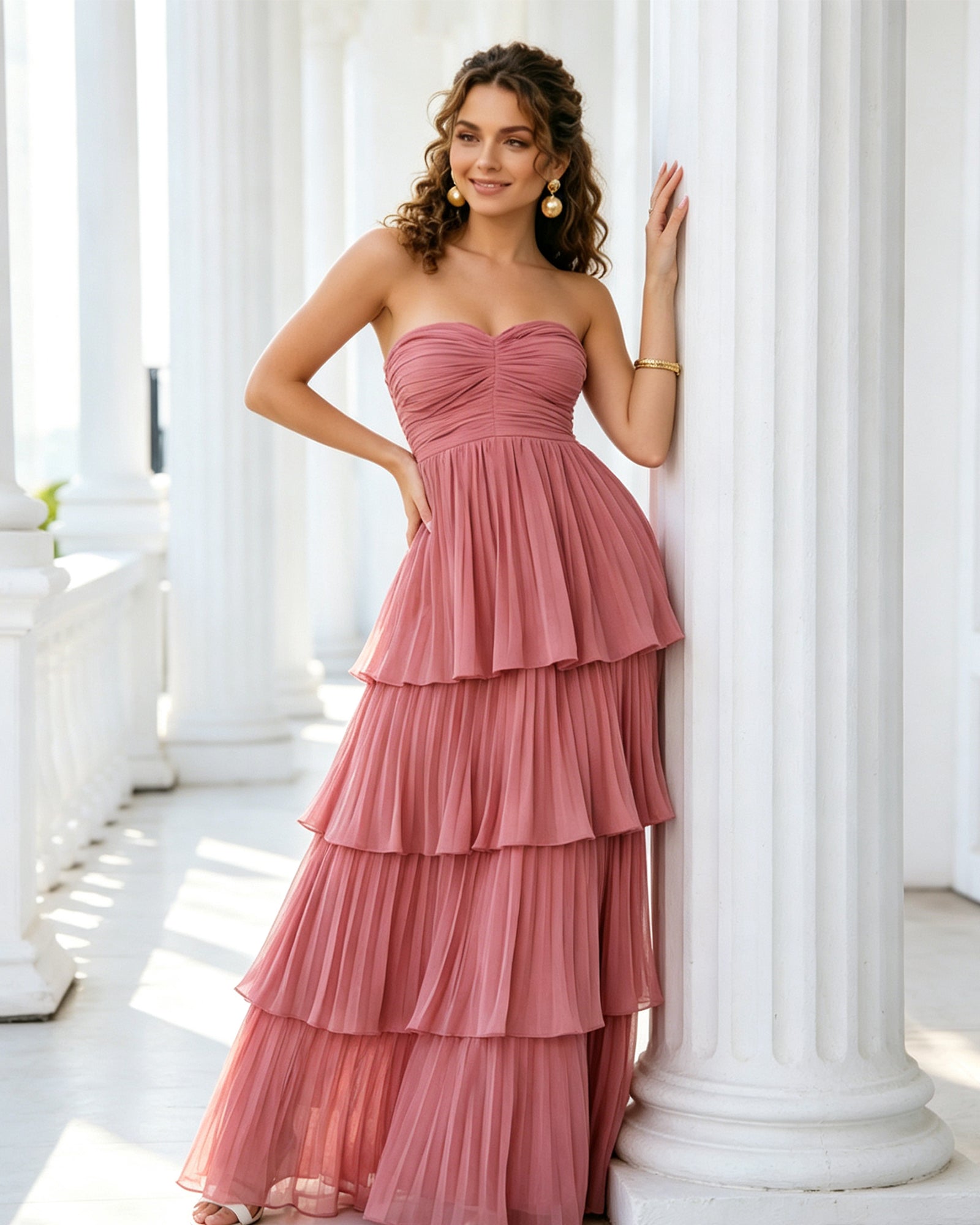 strapless tiered pleated formal dress with ruffle dress - image 5