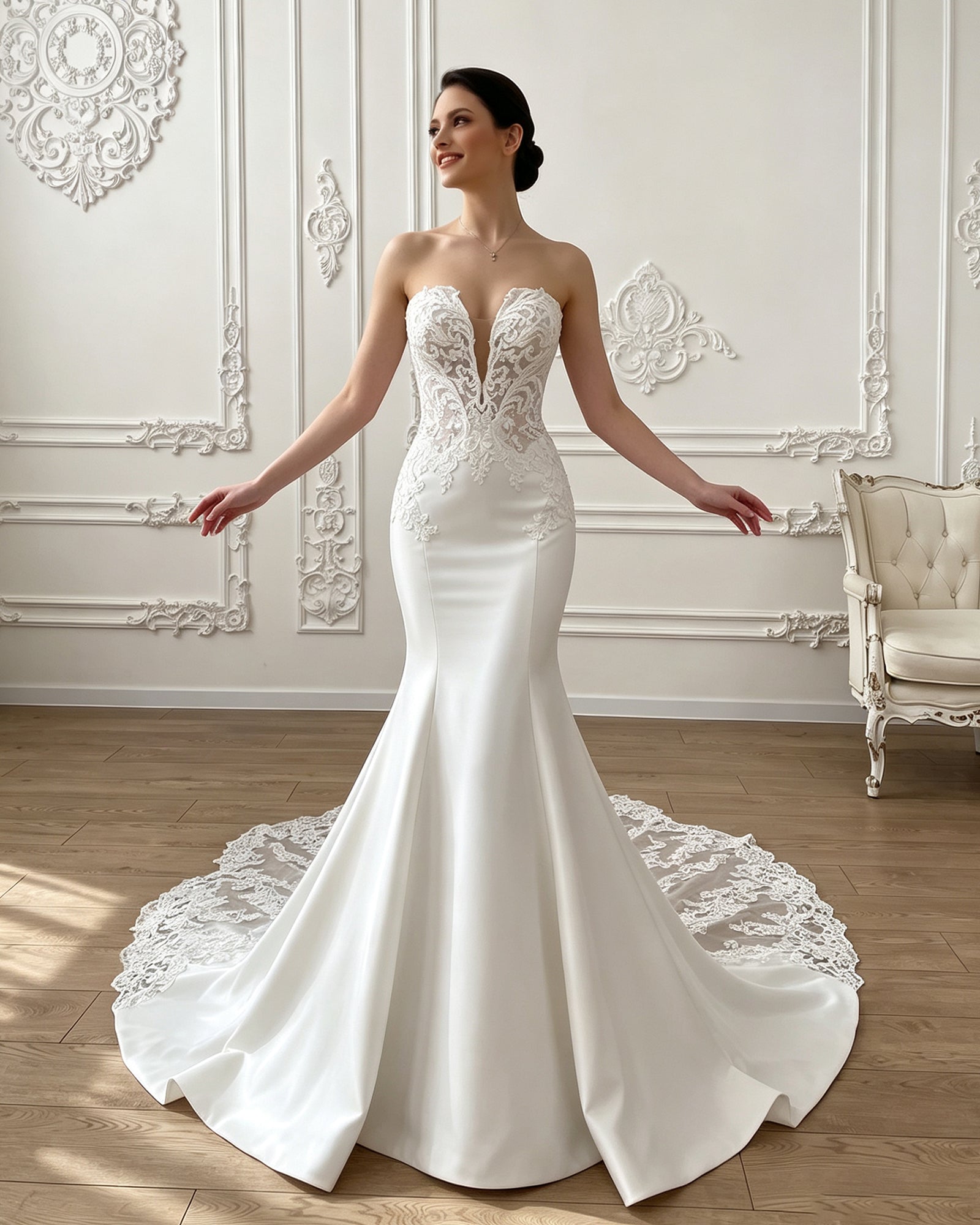 strapless lace mermaid wedding dress with corset bodice and chapel train - image 5