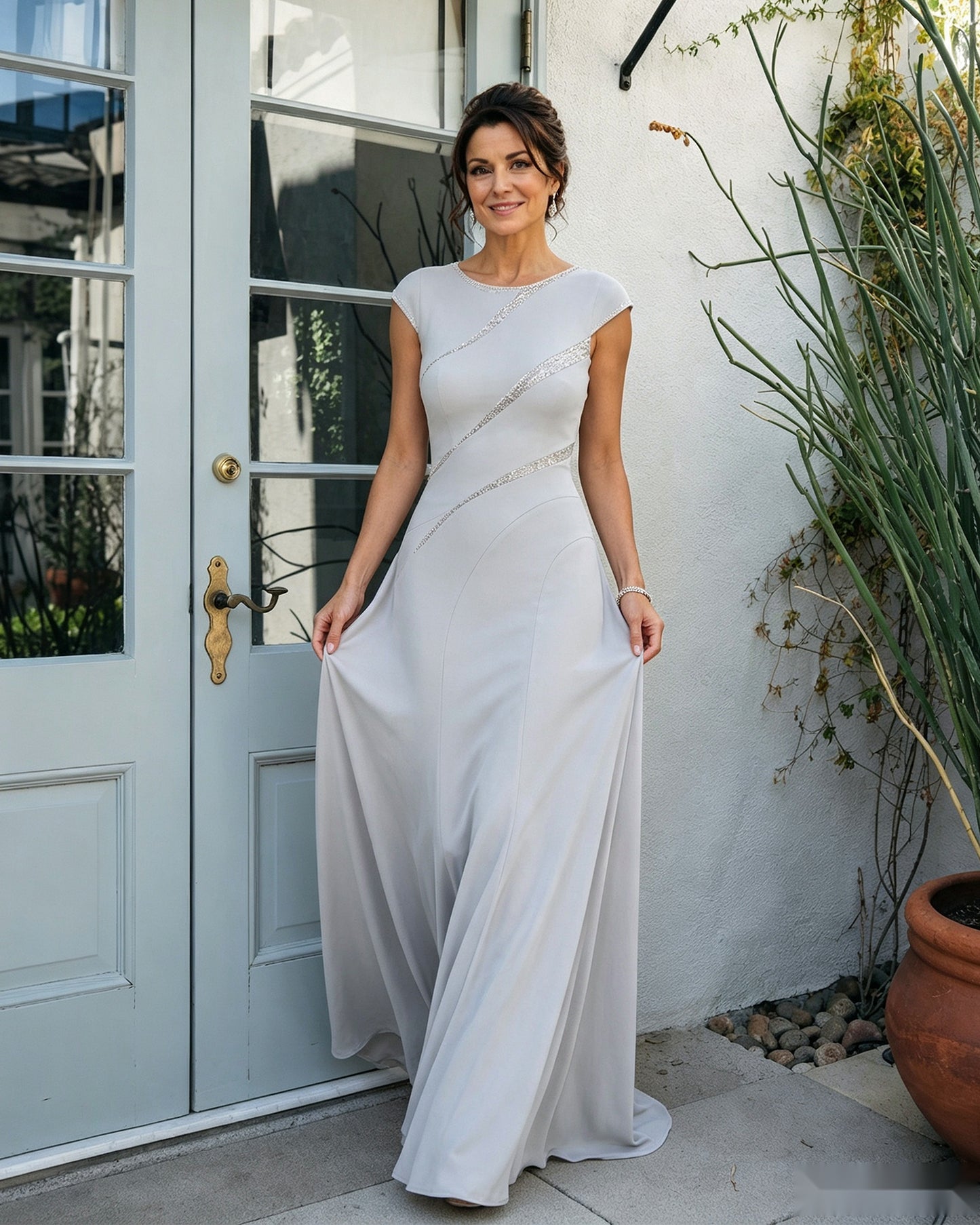 Bateau Neck Asymmetric Ruched Mermaid Mother of the Bride Dress - walking movement view