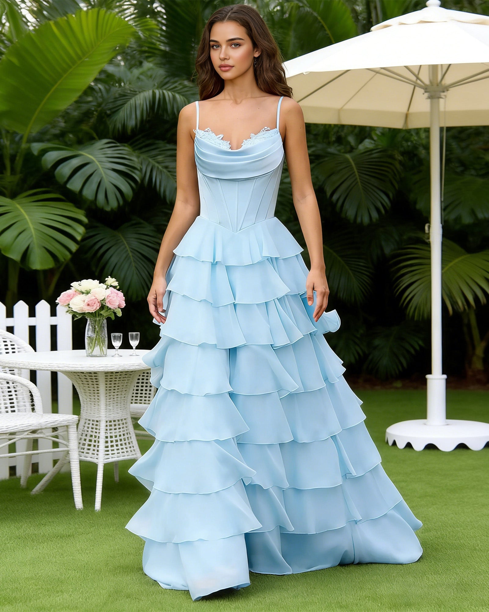 light blue spaghetti strap tiered chiffon A-line prom dress with ruffle dress - image 5