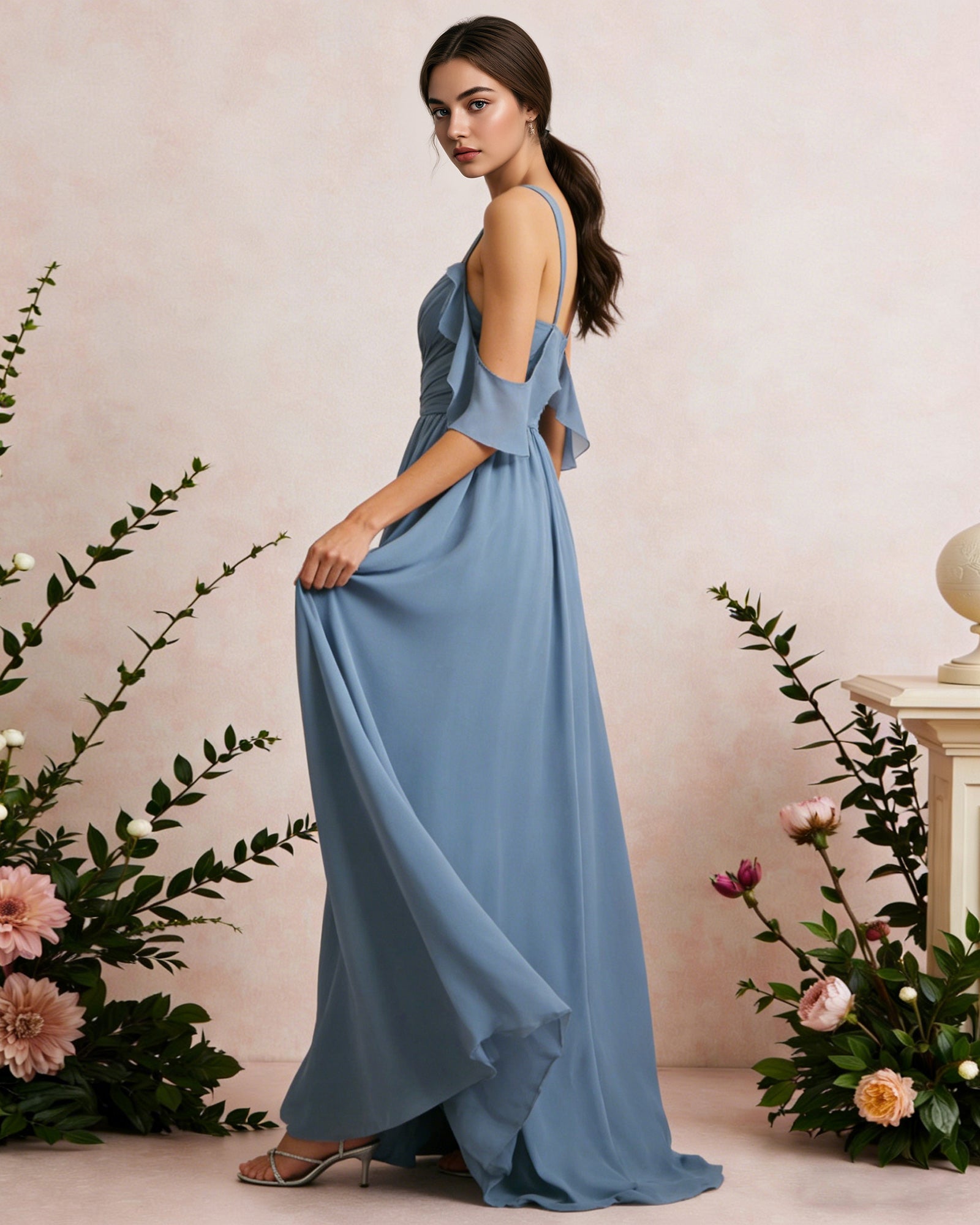 cold shoulder chiffon bridesmaid dress with draped V-neck bodice - image 5
