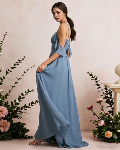 cold shoulder chiffon bridesmaid dress with draped V-neck bodice - image 5