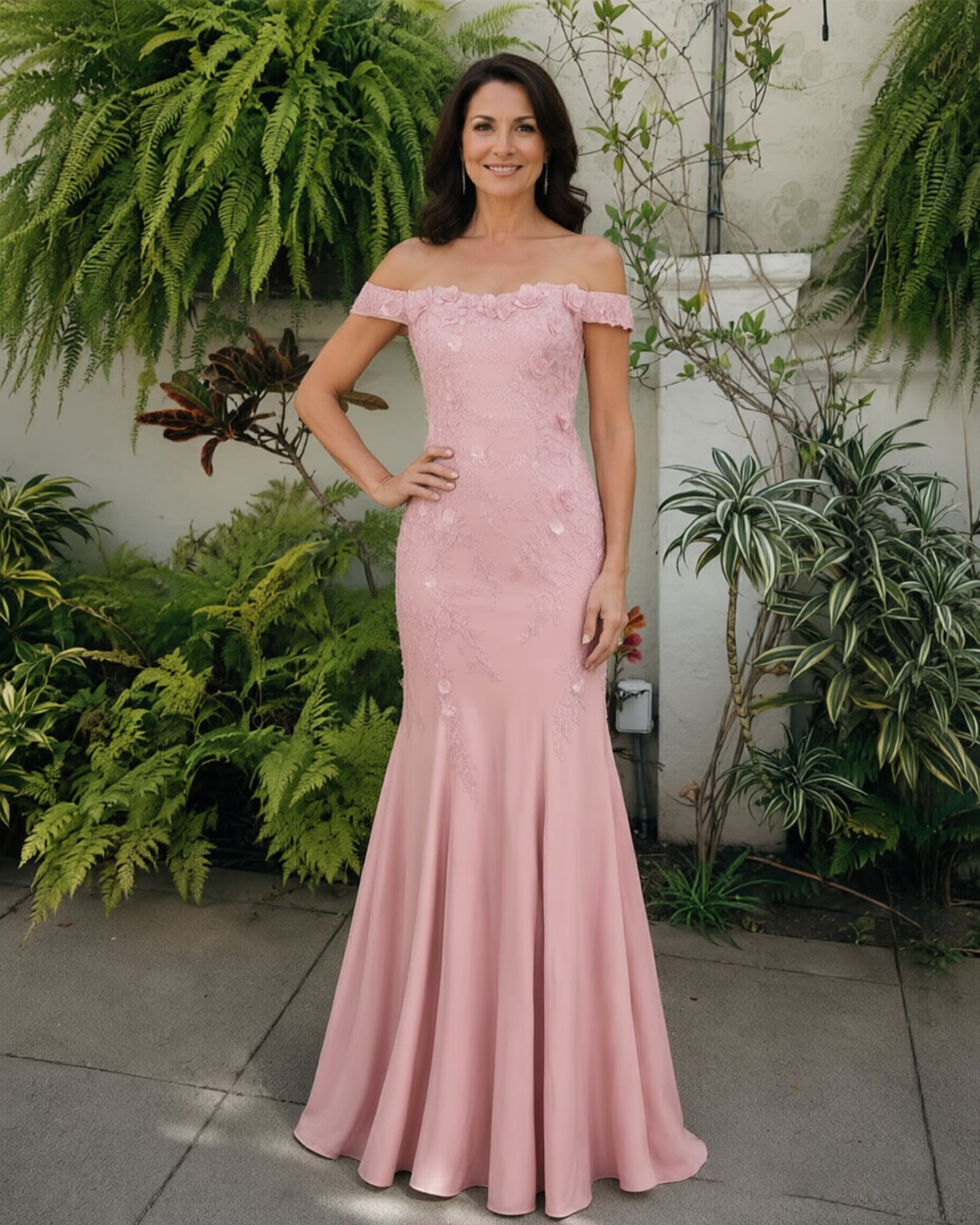 Scalloped Off-Shoulder Lace Mermaid Mother of the Bride Dress - full-length fitted silhouette