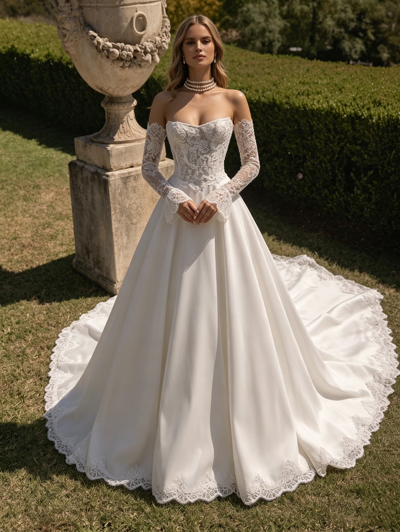 off shoulder lace ball gown wedding dress with corset back and train - image 5