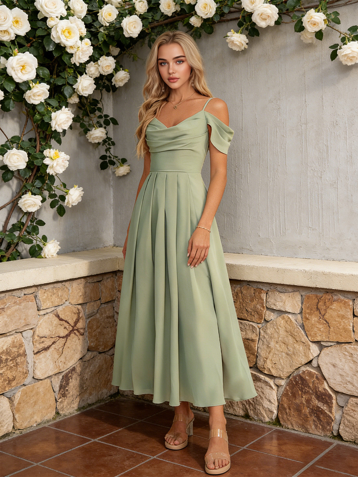 off shoulder midi bridesmaid dress with pleated bodice and flowing dress - image 6