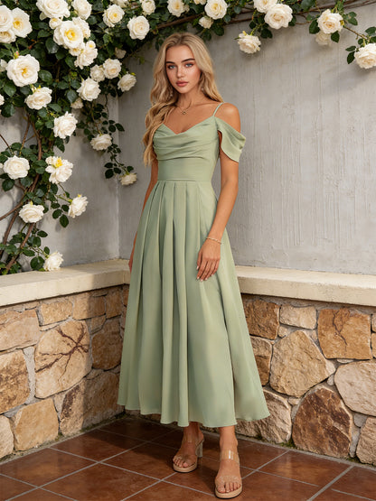 off shoulder midi bridesmaid dress with pleated bodice and flowing dress - image 6
