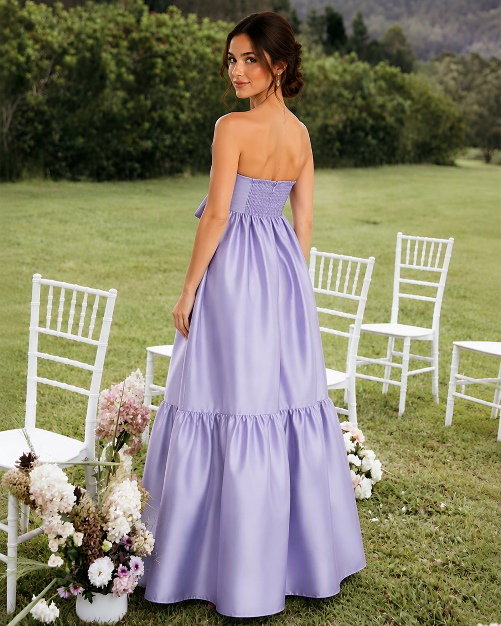 one-shoulder satin a-line bridesmaid dress with statement ruffle - smocked back view