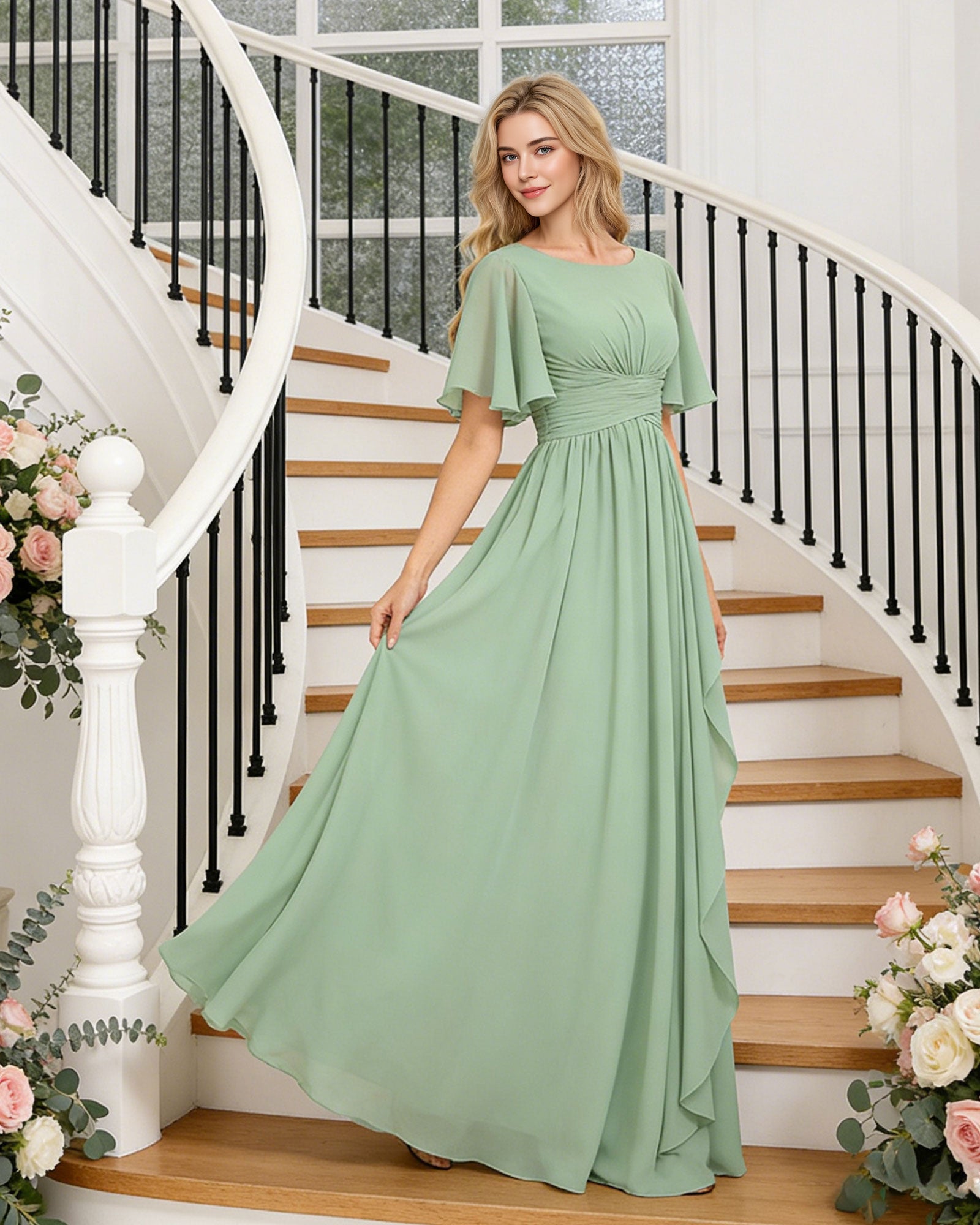 flutter sleeve chiffon bridesmaid dress with tiered front ruffle - image 5