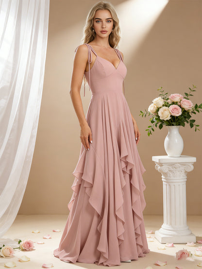 spaghetti strap chiffon bridesmaid dress with cascading ruffle dress - image 6