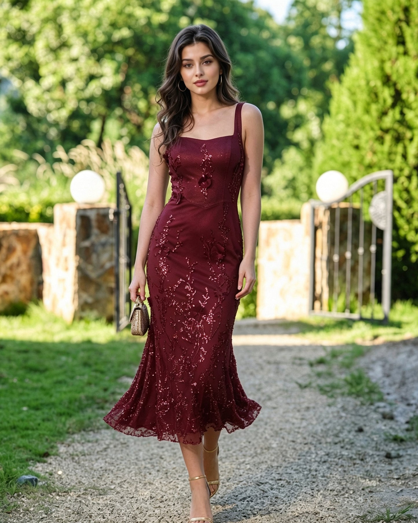 square neck sequin lace midi formal dress with floral applique - image 5