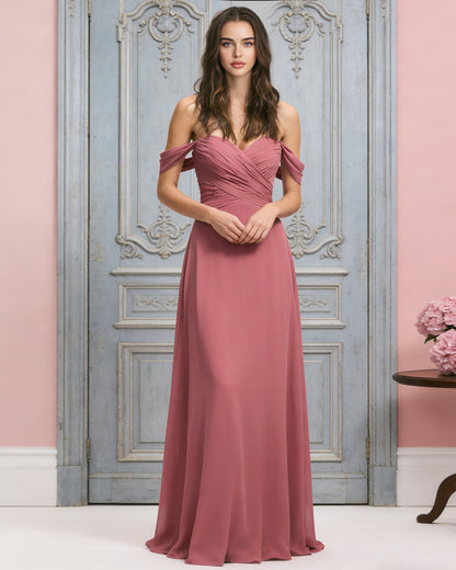 off shoulder chiffon bridesmaid dress with draped bodice and A-line skirt - image 6