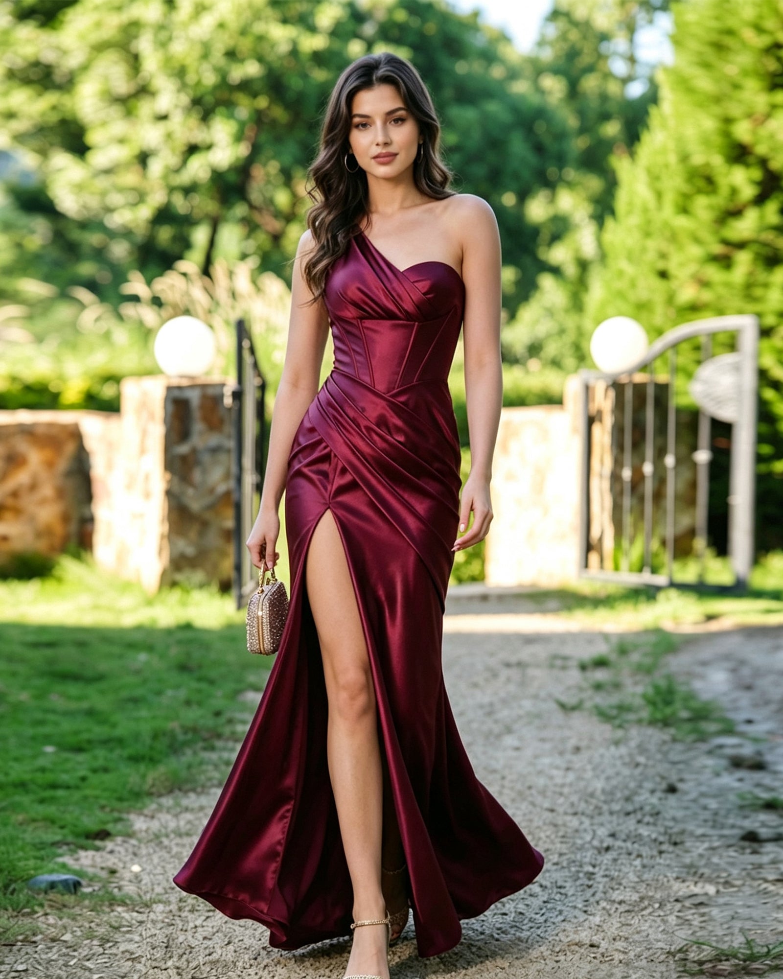 one shoulder satin formal dress with corset bodice and slit - image 5