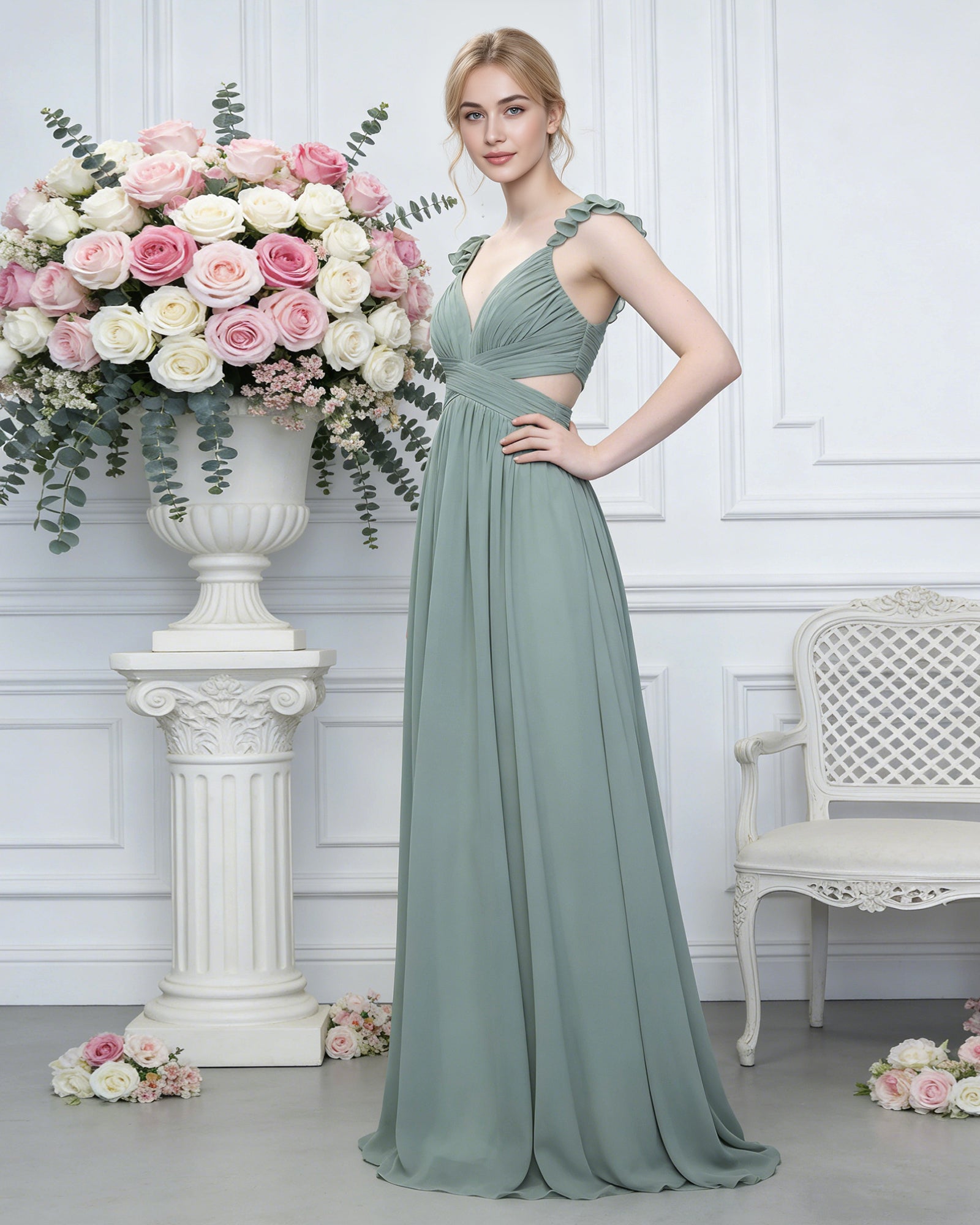 ruffle strap V-neck tulle bridesmaid dress with pleated waist - image 5