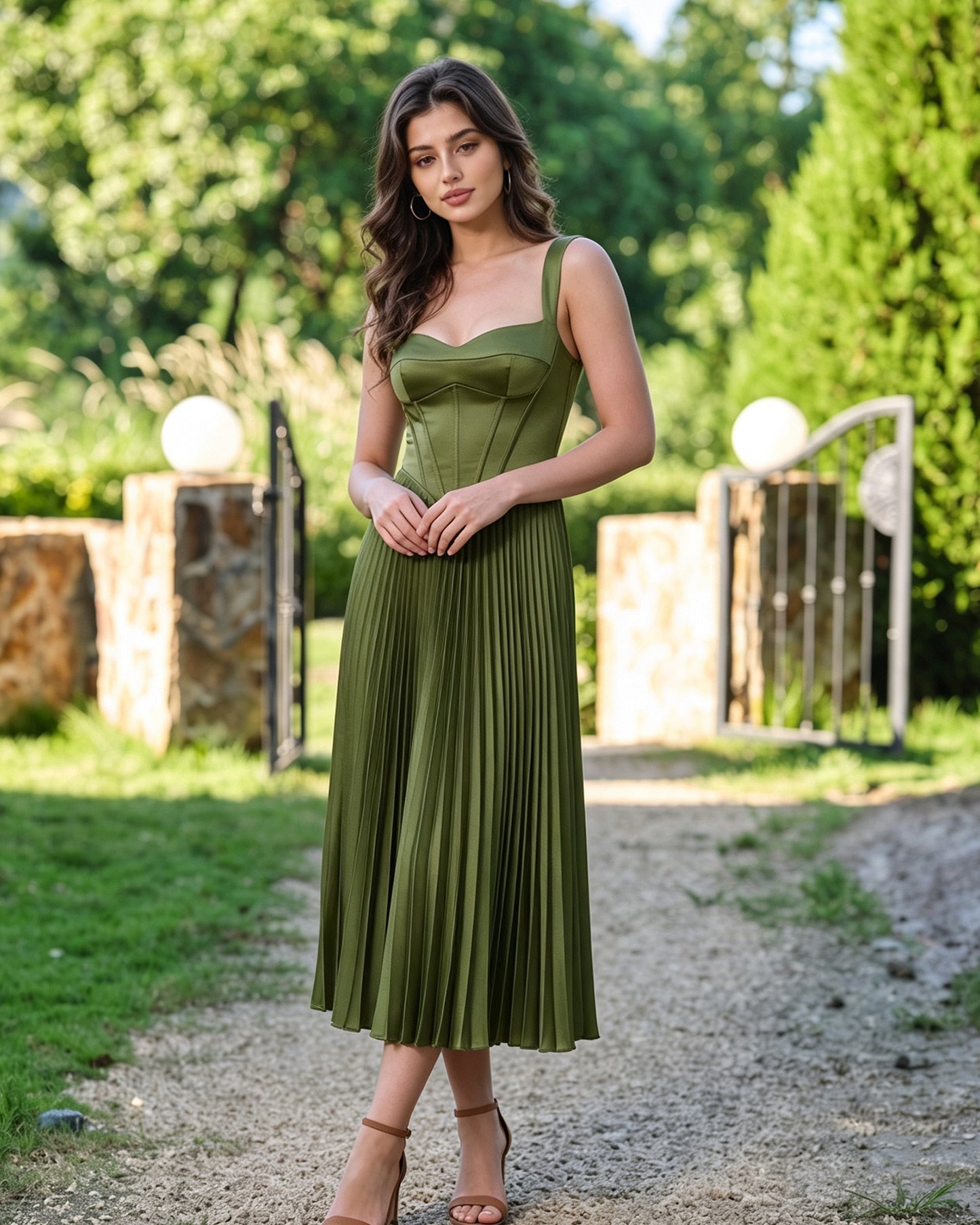 square neck corset midi formal dress with pleated A-line skirt - image 4