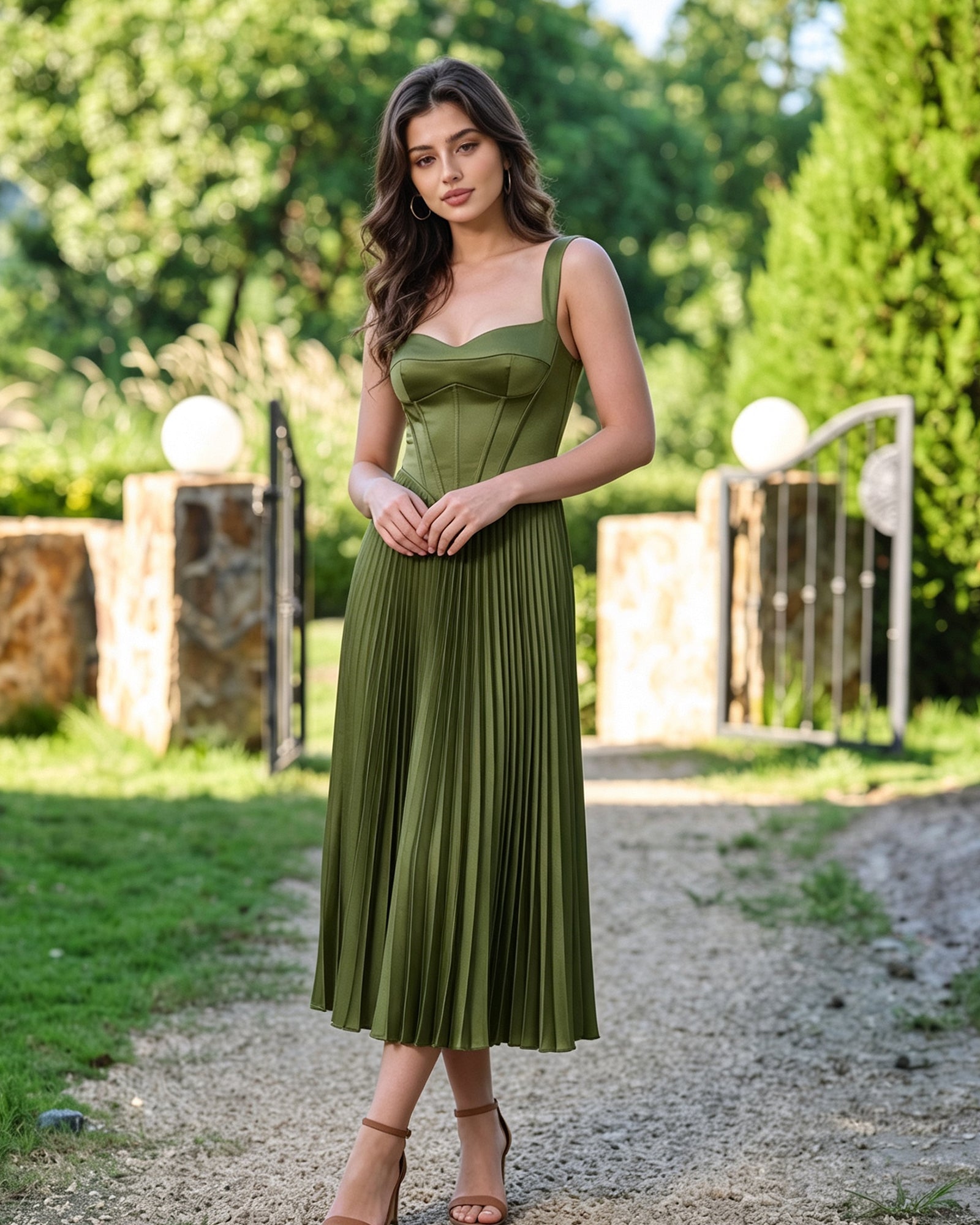 square neck corset midi formal dress with pleated A-line skirt - image 4