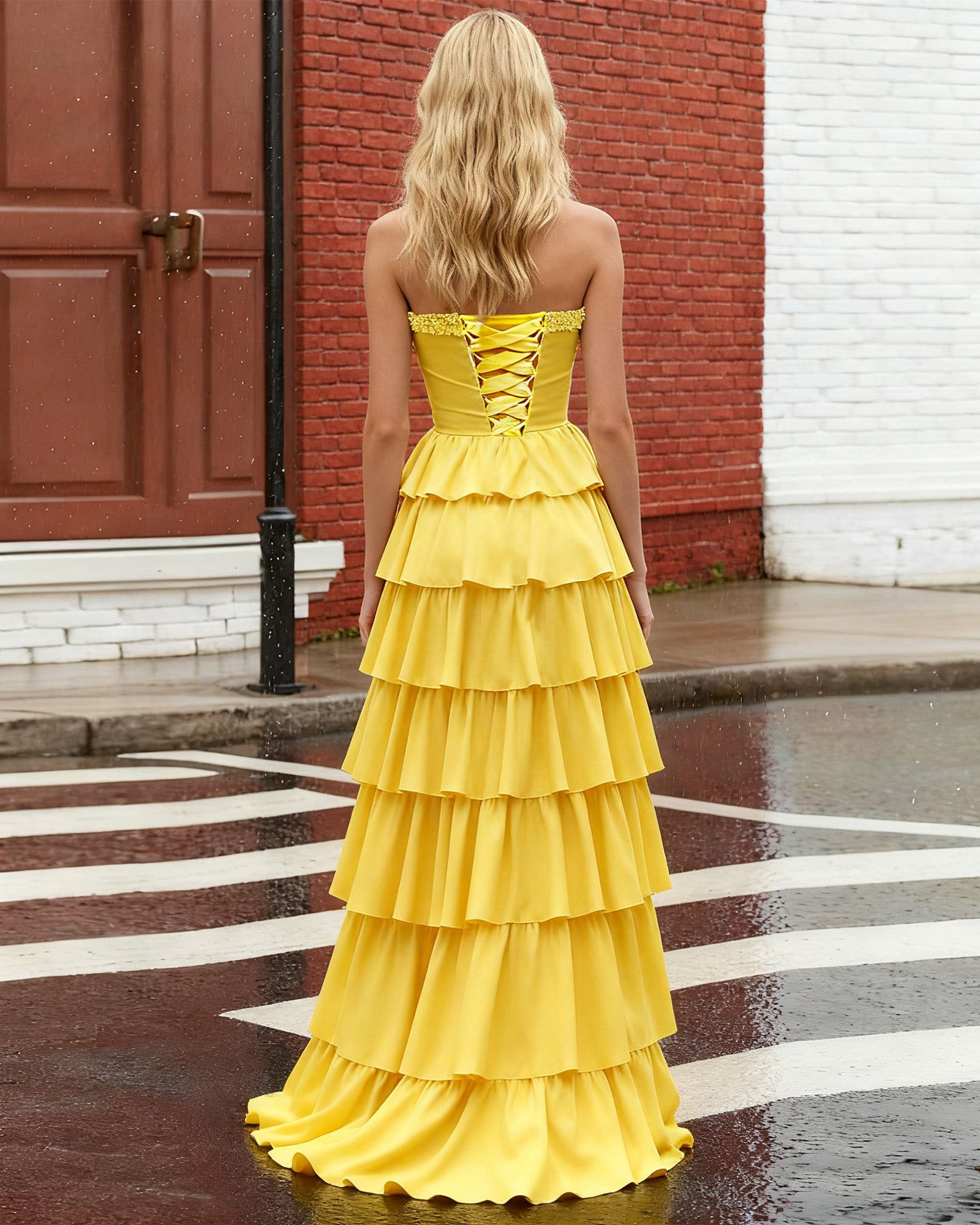 strapless yellow tiered ruffle A-line prom dress - image 5