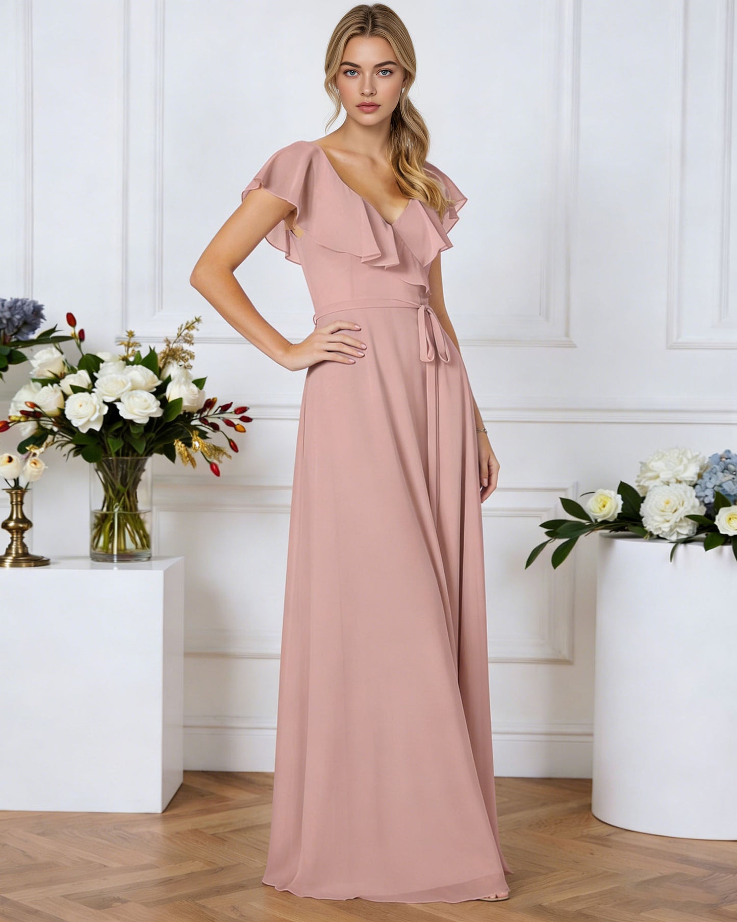 tie neck chiffon bridesmaid dress with flutter sleeves - image 5