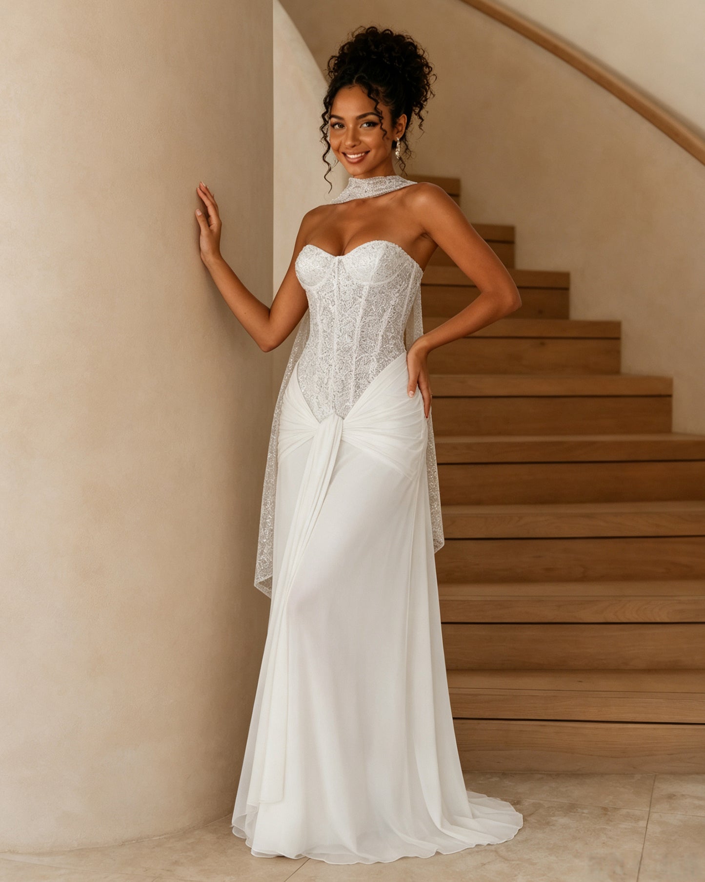 strapless sequin corset jersey prom dress with draped scarf detail - image 5