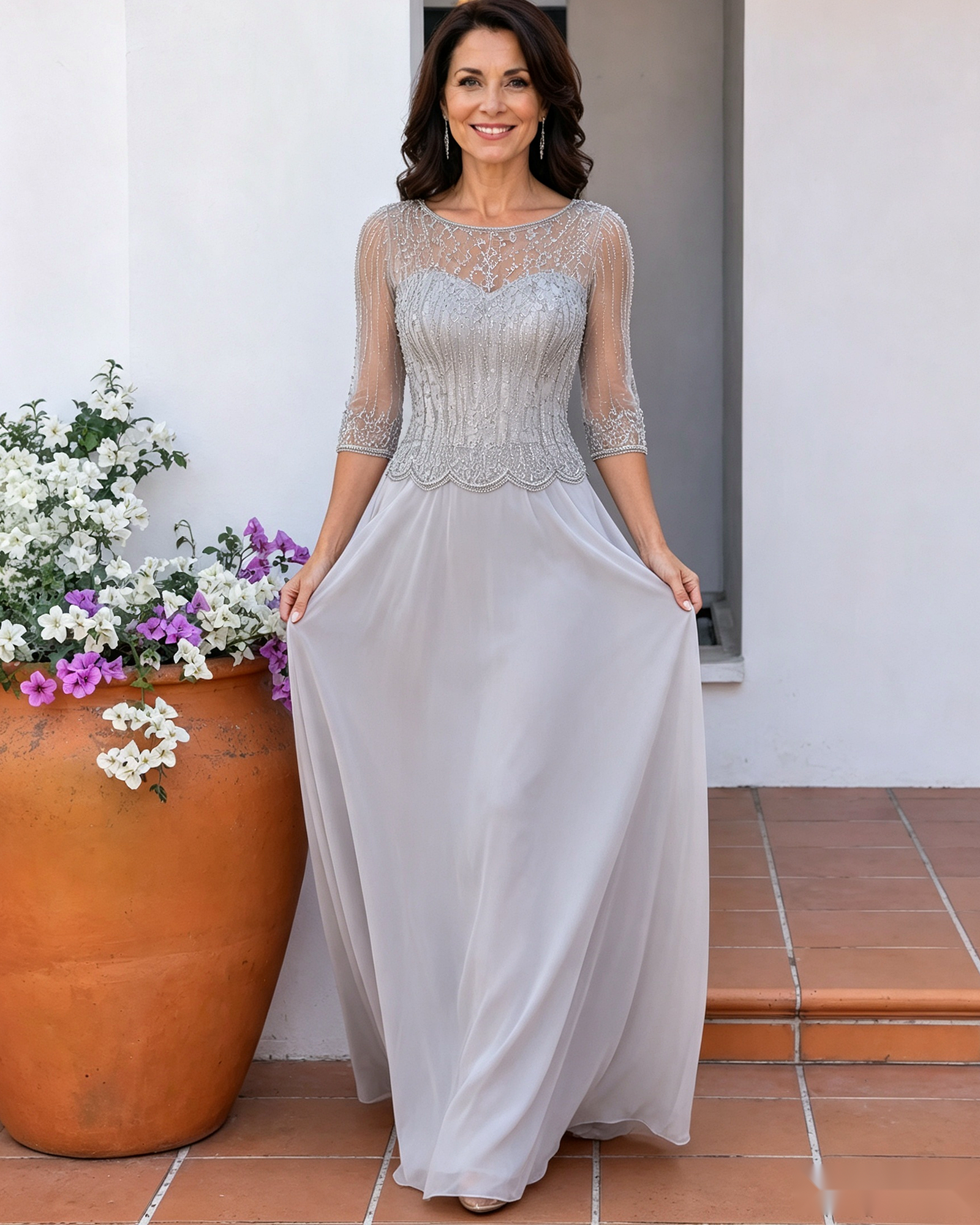 Illusion Lace Three-Quarter Sleeve A-Line Mother of the Bride Dress - flowing hem view
