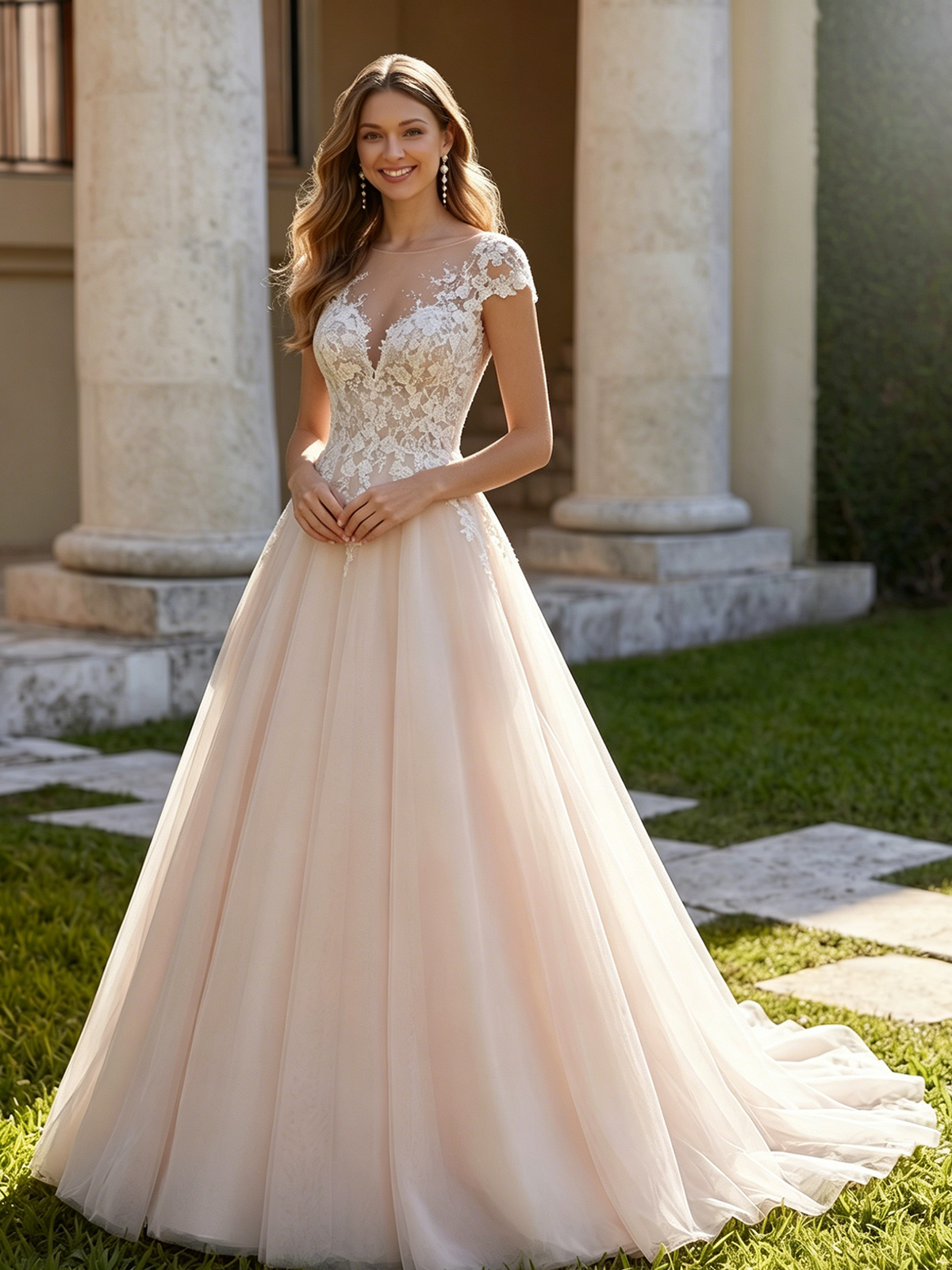 cap sleeve lace tulle A-line wedding dress with V-neck bodice - image 5