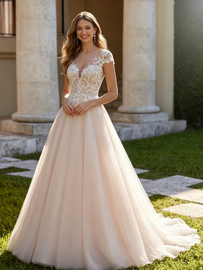 cap sleeve lace tulle A-line wedding dress with V-neck bodice - image 5