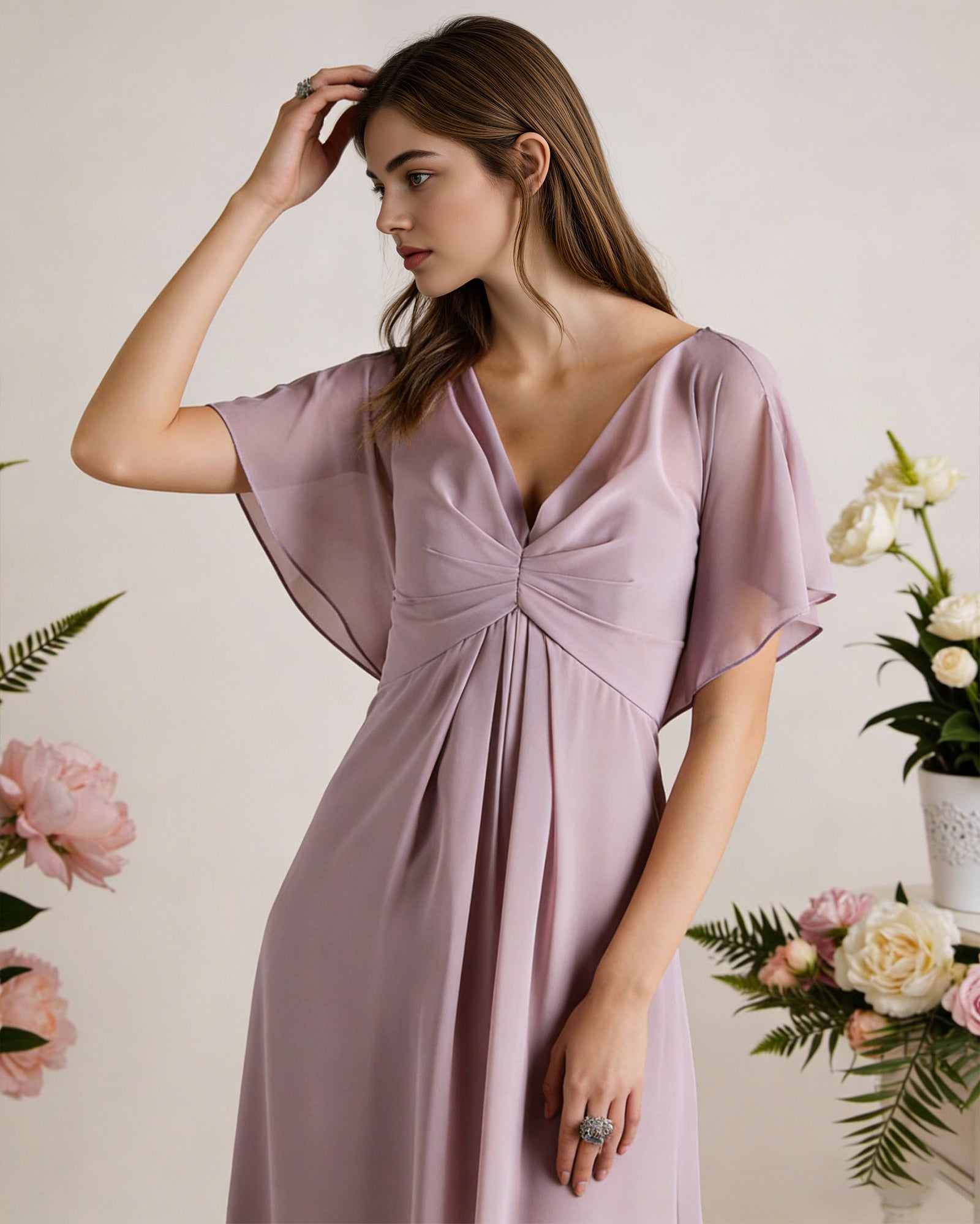 short sleeve V-neck chiffon bridesmaid dress with gathered waist - image 5