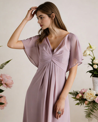short sleeve V-neck chiffon bridesmaid dress with gathered waist - image 5