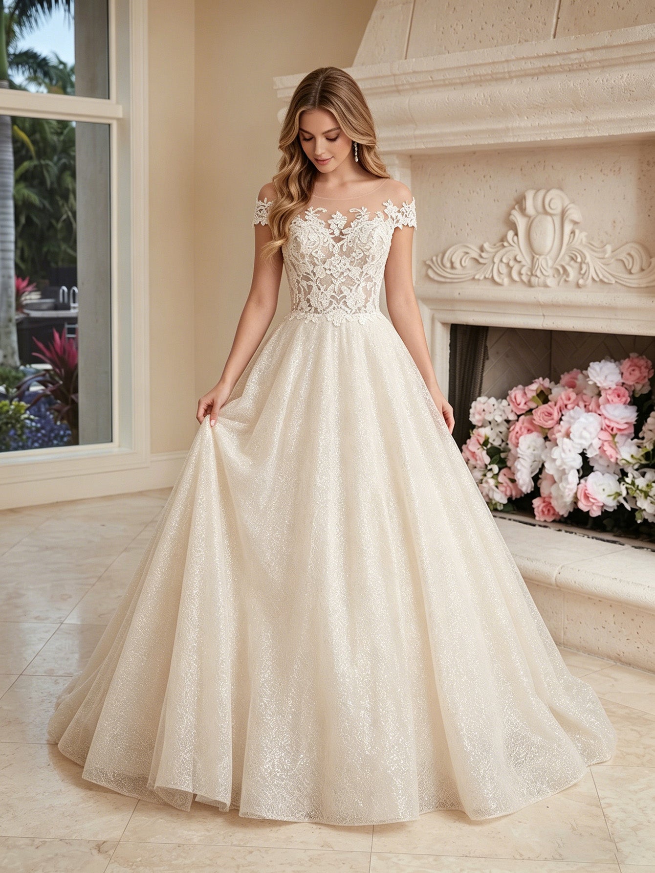 off shoulder lace tulle ball gown wedding dress with sweetheart neckline - image 5
