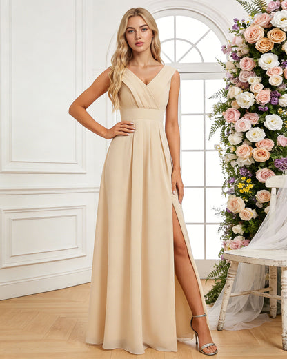 surplice V-neck chiffon bridesmaid dress with A-line slit dress - image 5
