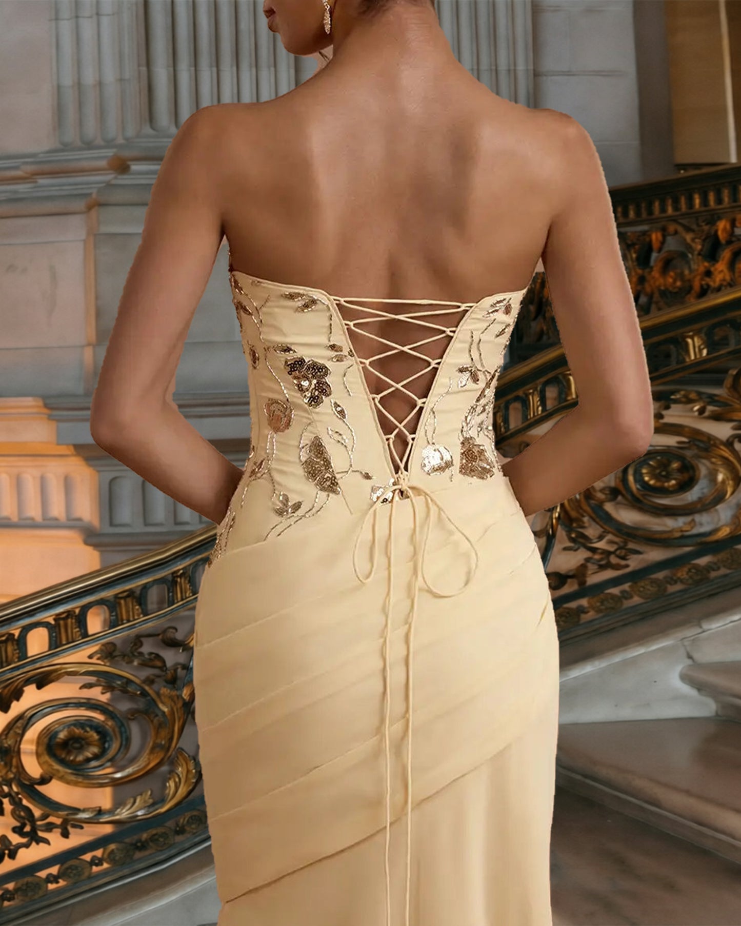 strapless embroidered column formal dress with draped hip - image 5