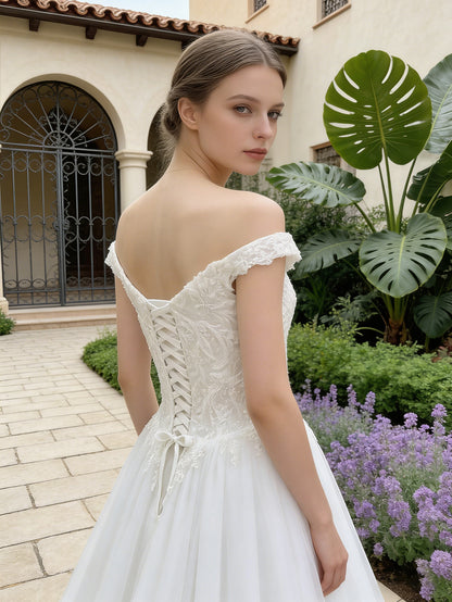off shoulder lace tulle A-line wedding dress with sweetheart bodice - image 5