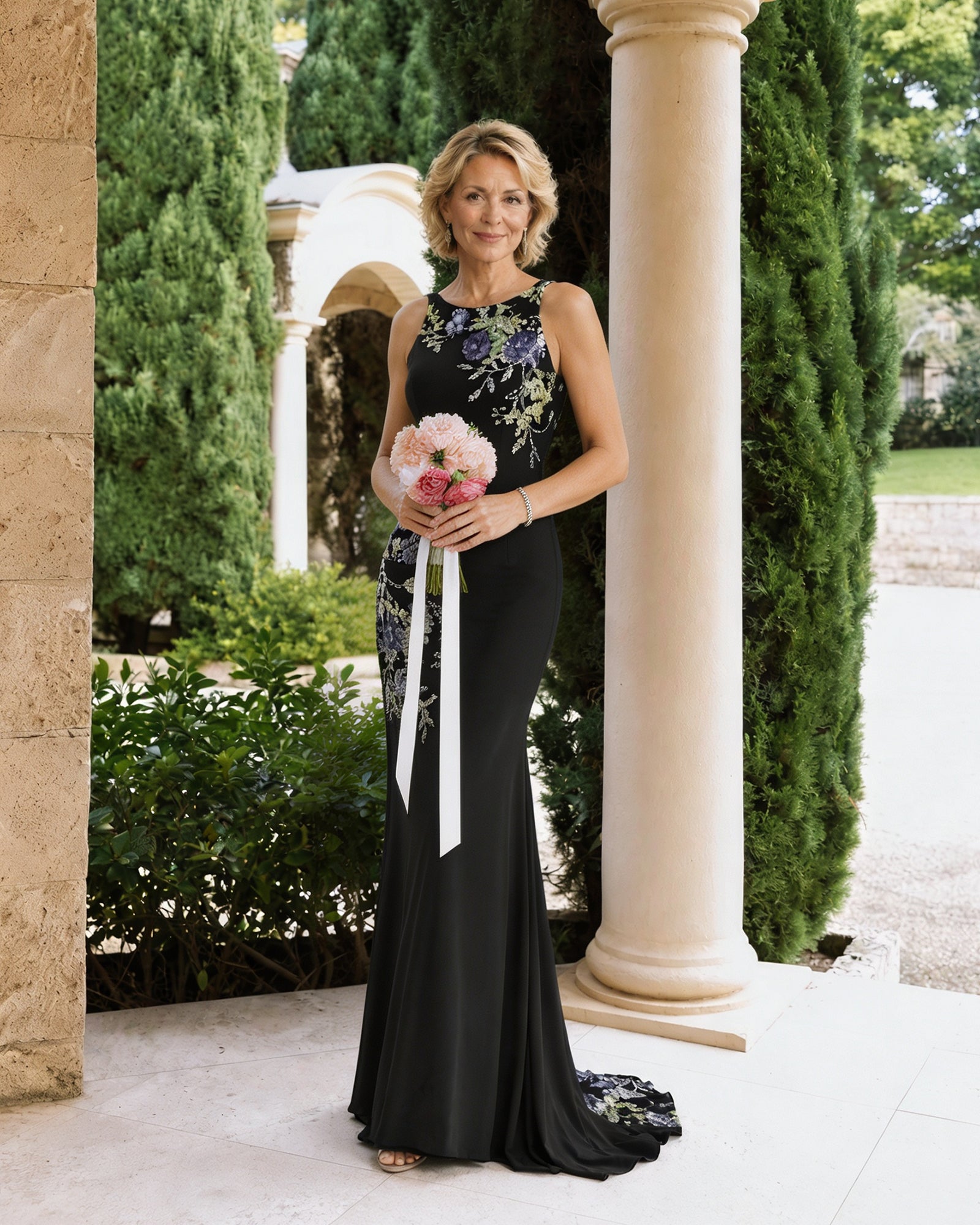 Floral Embroidered Halter Mother of the Bride Dress with Statement Train - full-length front bouquet view