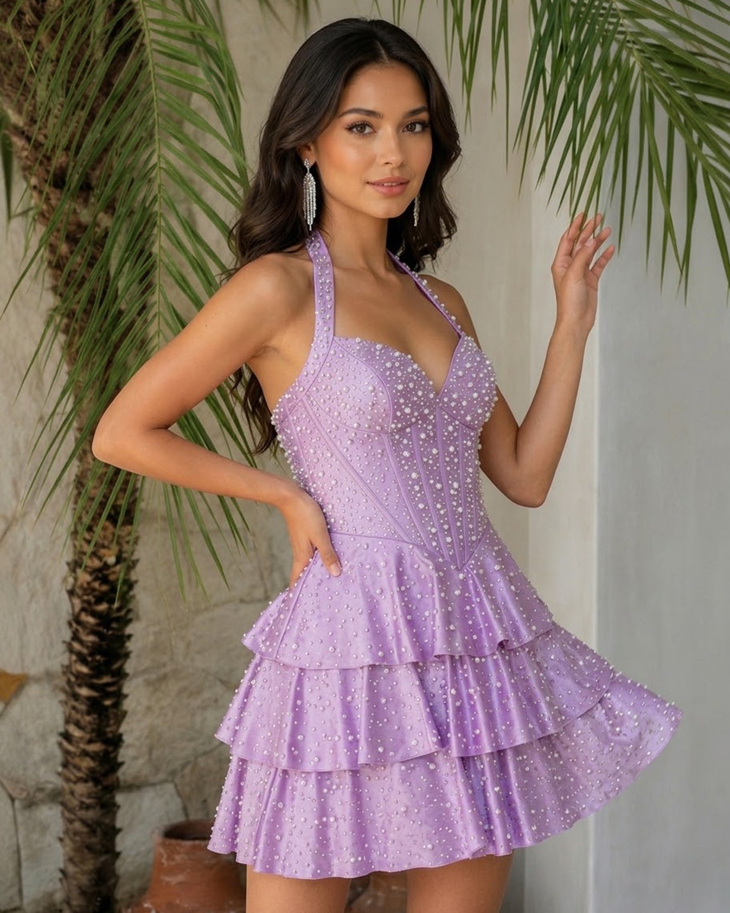 lilac halter beaded corset tiered homecoming dress - alternate view