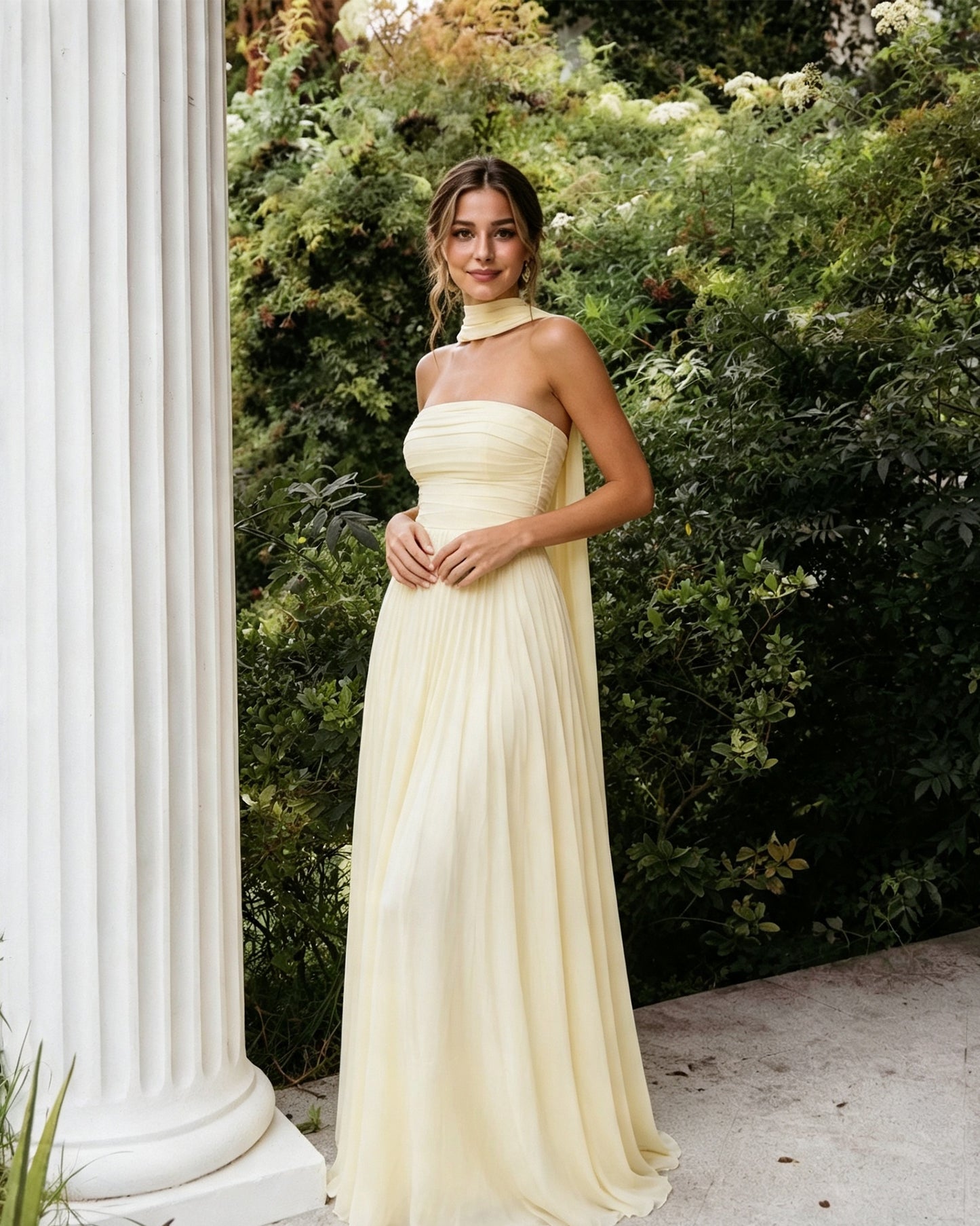 strapless chiffon a-line bridesmaid dress with neck scarf and lace-up back - three-quarter front view