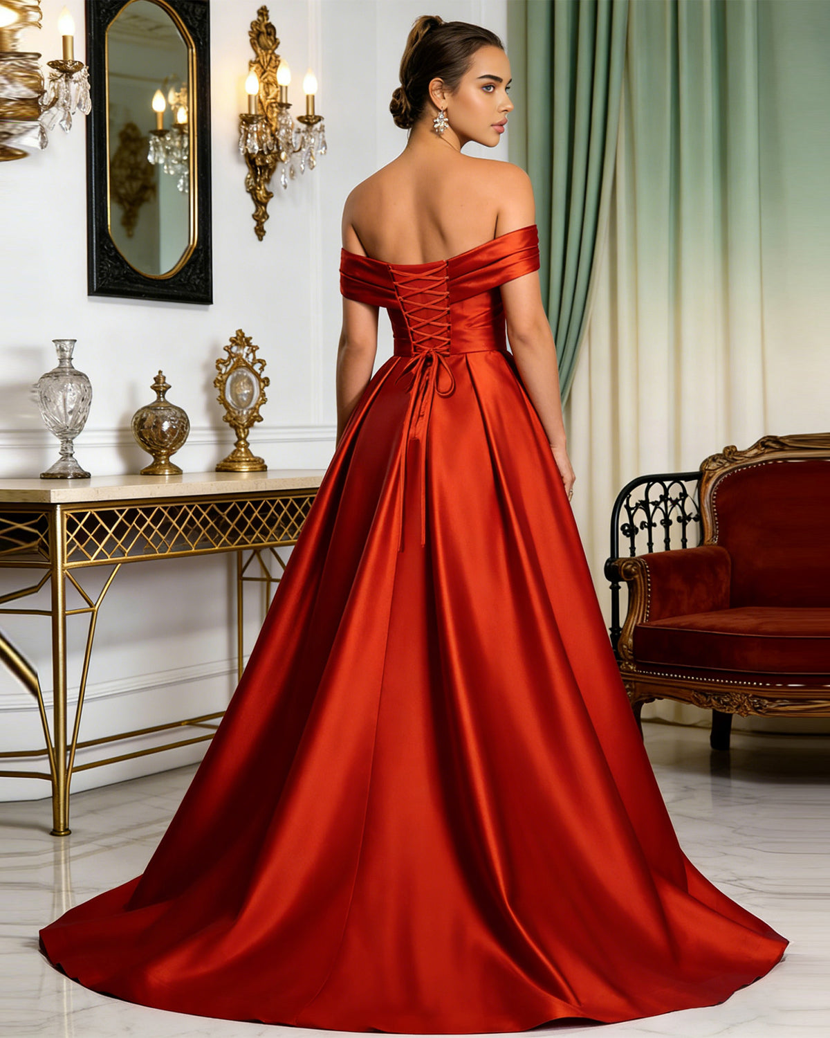 red off shoulder satin ball gown prom dress with draped bodice and slit - image 5