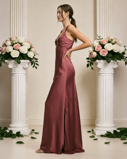 satin cowl neck bridesmaid dress with spaghetti straps and bias cut - image 6