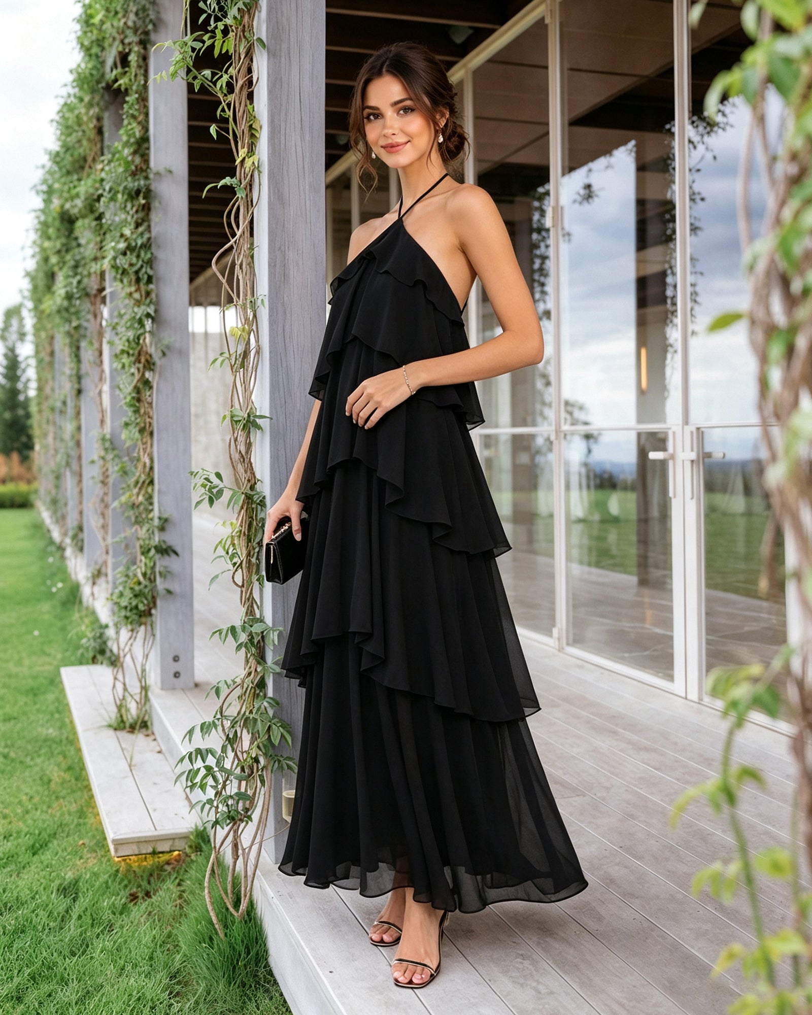black halter neck tiered chiffon bridesmaid dress with ruffle overlay - image 5