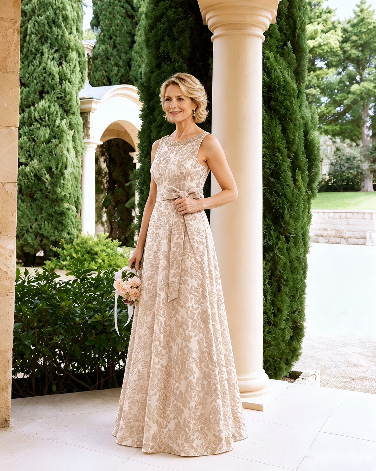 Sleeveless Lace A-Line Mother of the Bride Dress with Sash Bow - side profile view