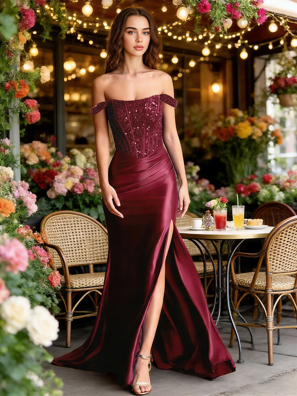wine off shoulder sequin satin mermaid dress with draped dress slit - image 5
