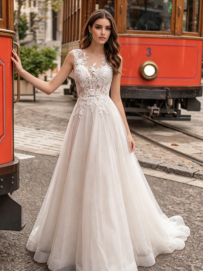 V-neck lace tulle A-line wedding dress with spaghetti straps - image 5
