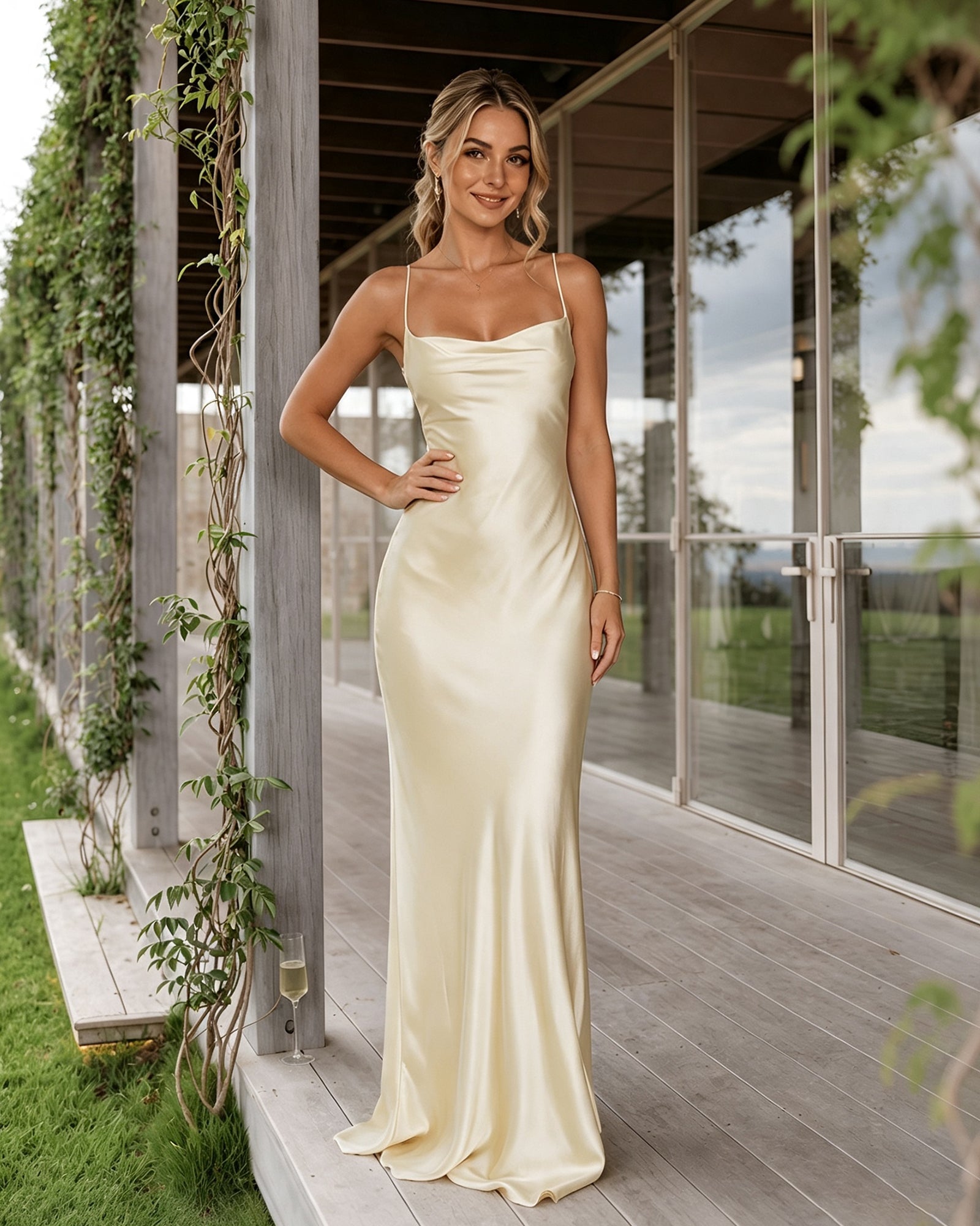 light yellow cowl neck satin bridesmaid dress with spaghetti straps and lace-up back - image 5