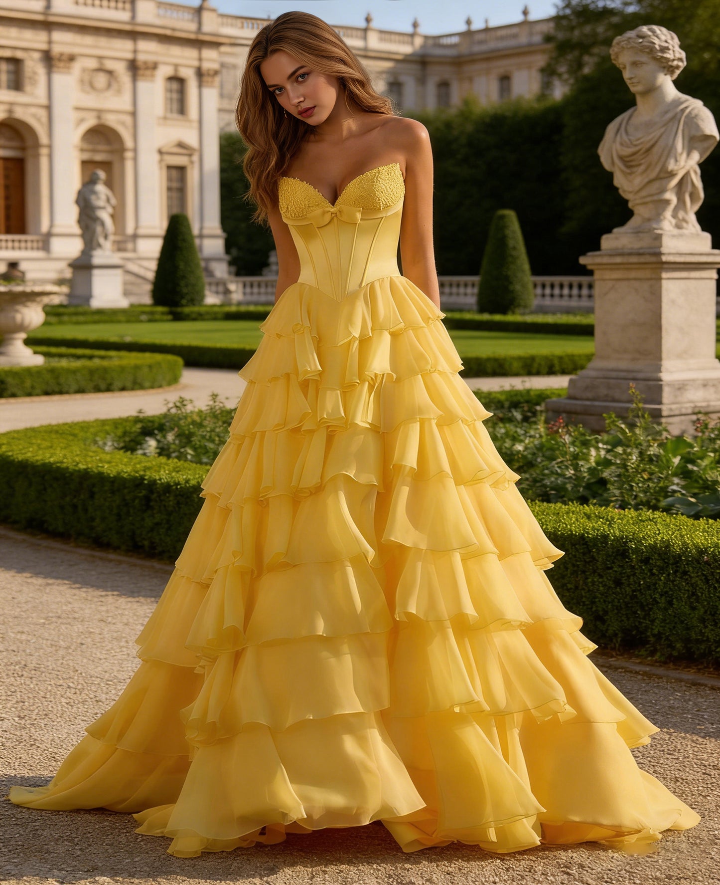 yellow strapless tiered organza ball gown prom dress with corset top - image 5
