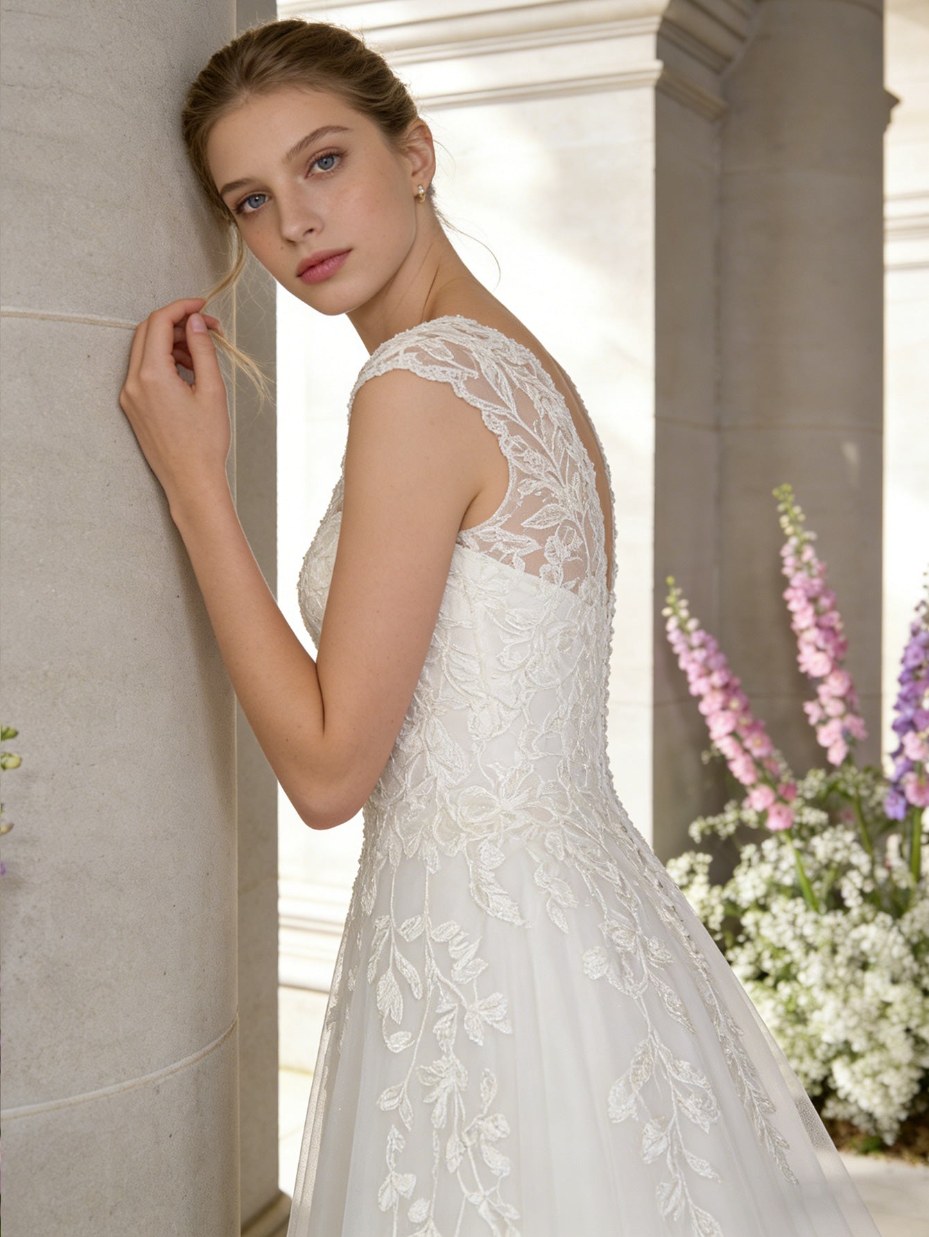sleeveless V-neck lace sheath wedding dress with court train - image 5
